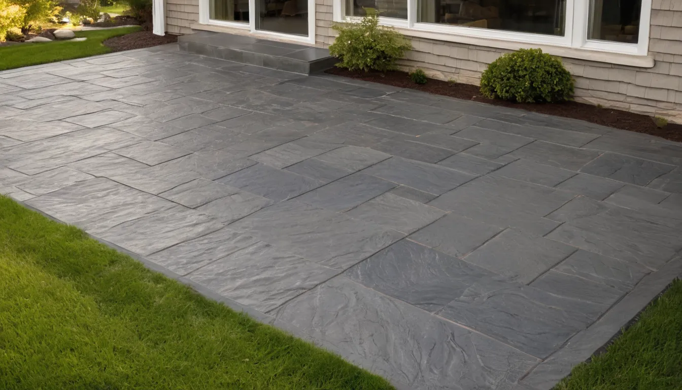 Stamped concrete patio with a stone pattern behind a family home in North Salt Lake